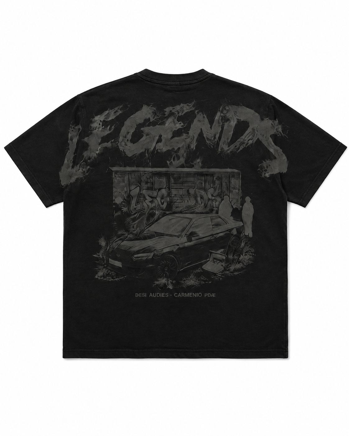 Playera Legends Black Edition - vista de espalda, grafico LEGENDS con el carro, negro sobre negro