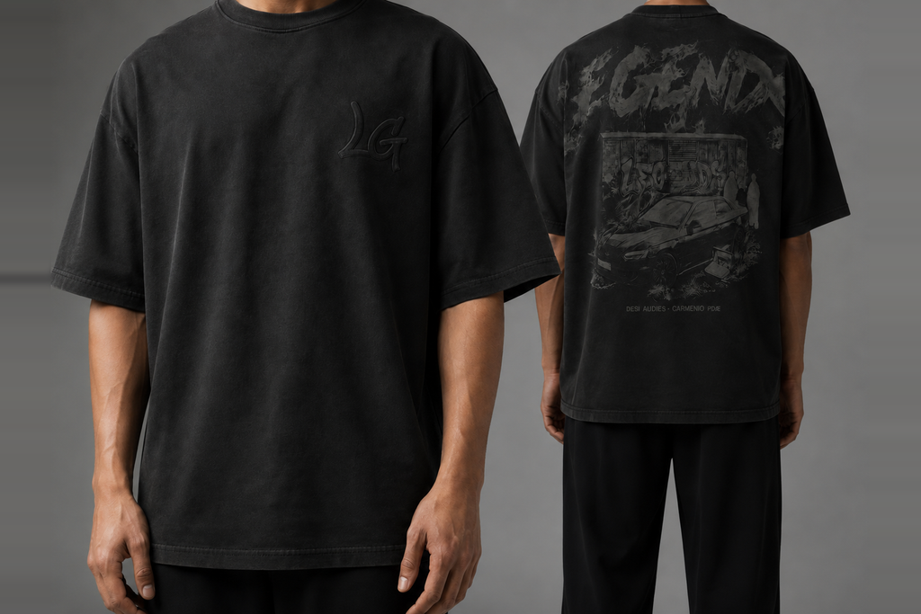 Playera Legends Black Edition - frente con monograma LG bordado y espalda con el grafico LEGENDS, negro sobre negro